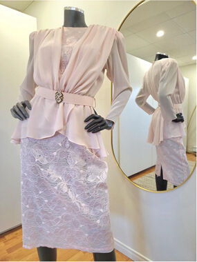 Vintage Soft Pink Benée Dress, Lace Chiffon Gown, 80s size 7-8